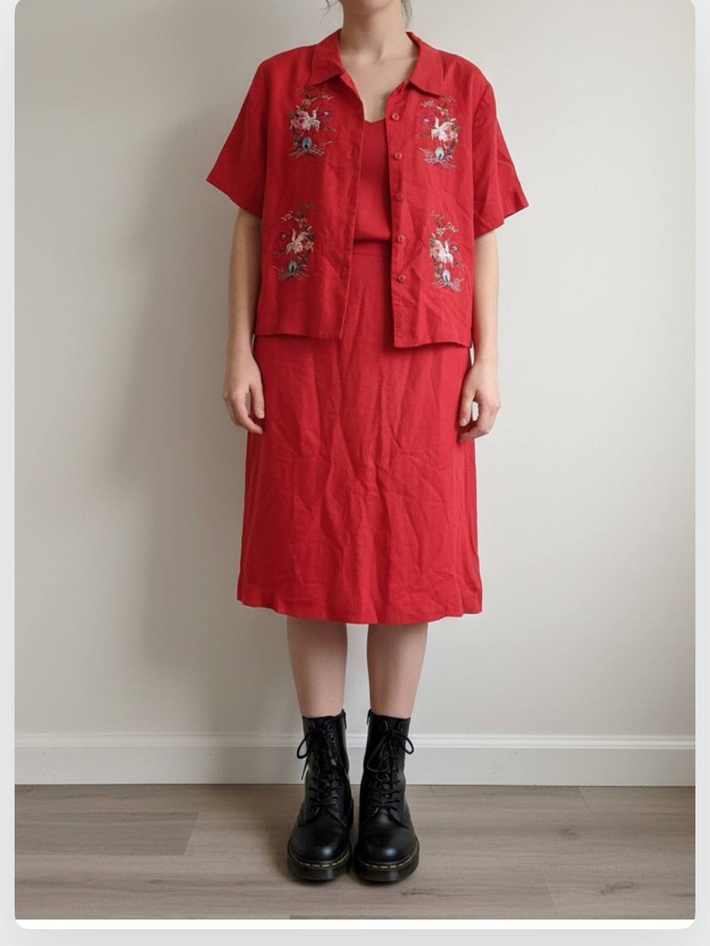 Vintage Linen Embroidered Top and Red Shift Dress. Retro,  Must See!